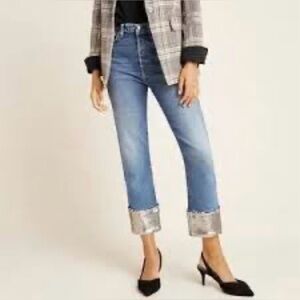 7 For All Mankind Light Blue Cropped Jeans with Silver Sequin Cuffs